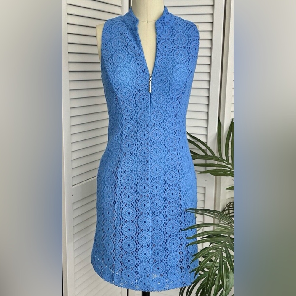 Lilly Pulitzer Alexa Shift Dress Open Breakers Knit Crochet Lace in Bay Blue